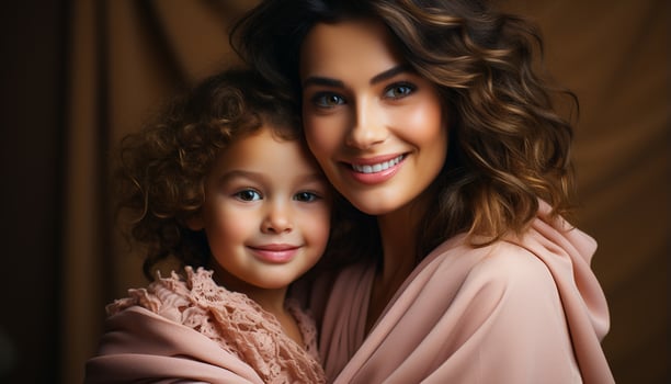 AI generated Smiling child, cheerful mother, embracing family, love and happiness generated by AI photo
