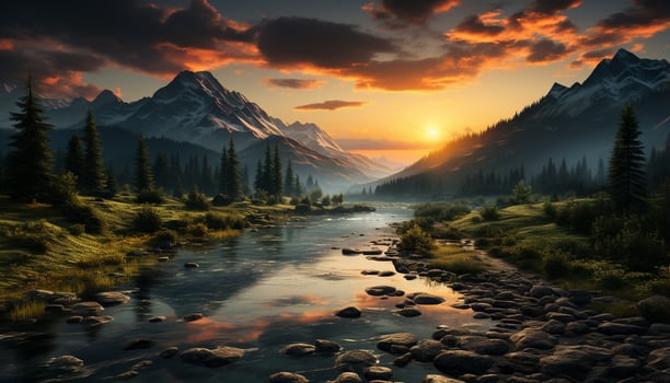 AI generated Majestic mountain range reflects tranquil sunset on water generated by AI photo