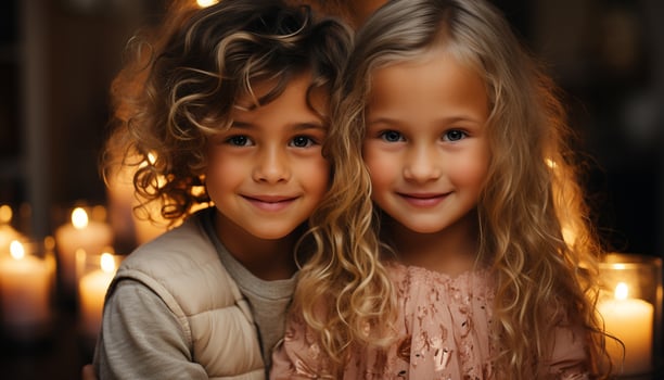AI generated Smiling child, happiness, cute girls, cheerful portrait, two people generated by AI photo