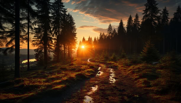 AI generated Tranquil sunset, nature beauty in a forest landscape generated by AI photo