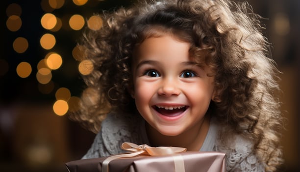 AI generated A cute, cheerful girl holding a birthday gift, smiling joyfully generated by AI photo