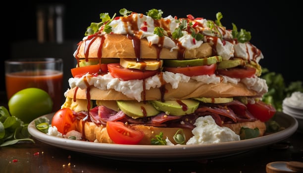 AI generated Grilled tomato sandwich, a healthy vegetarian meal on wood generated by AI photo