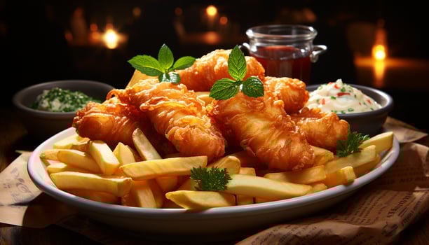 AI generated Fried meat, fresh fries, grilled chicken, cooked appetizer, unhealthy snack generated by AI photo