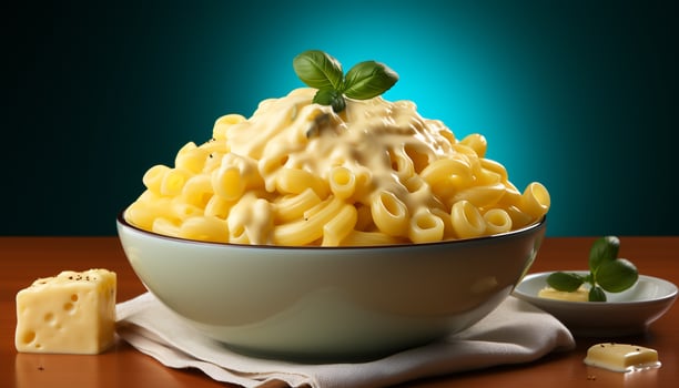 AI generated Healthy eating Fresh pasta bowl with gourmet ingredients on wooden table generated by AI photo