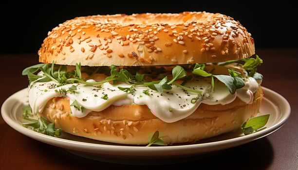 AI generated Freshness on plate gourmet sandwich, healthy grilled meat, homemade bun generated by AI photo