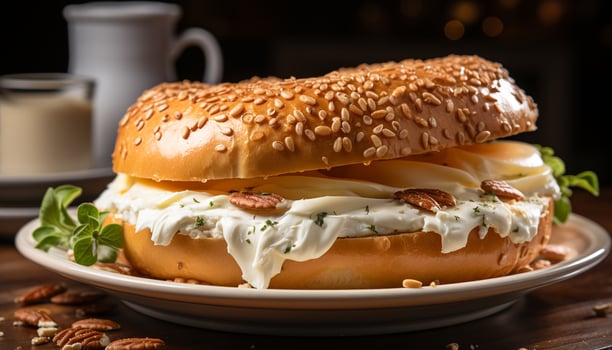AI generated Grilled meat sandwich on wooden plate, healthy and delicious generated by AI photo