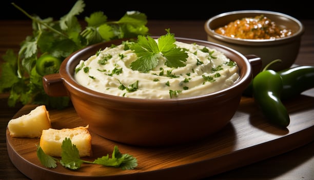 AI generated Freshness and healthy eating on a wooden table vegetarian meal generated by AI photo