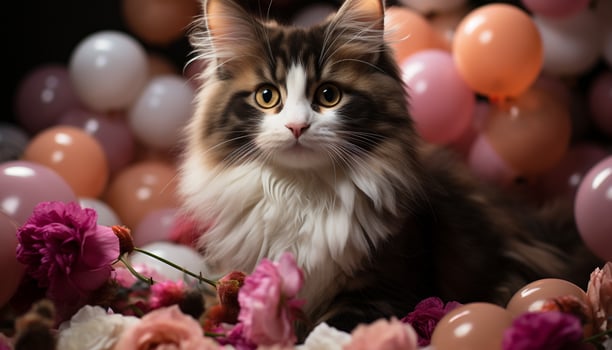 AI generated Cute kitten sitting with a toy, celebrating nature beauty generated by AI photo