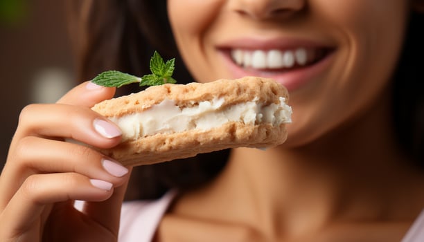 AI generated Young woman smiling, holding a slice of chocolate dessert generated by AI photo