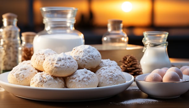 AI generated Homemade dessert sweet cookie and milk on wooden table generated by AI photo