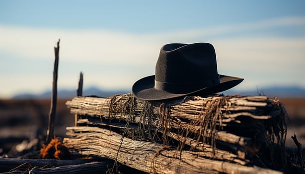 AI generated Cowboy hat, straw hat, sunset men travel outdoors, old fashioned adventure generated by AI photo
