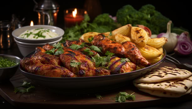 AI generated Grilled meat on plate, fresh vegetables, healthy homemade barbecue generated by AI photo