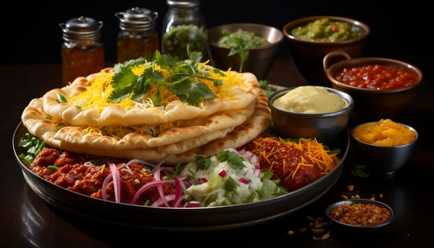 AI generated Freshness and spice on a plate, guacamole taco with meat generated by AI photo