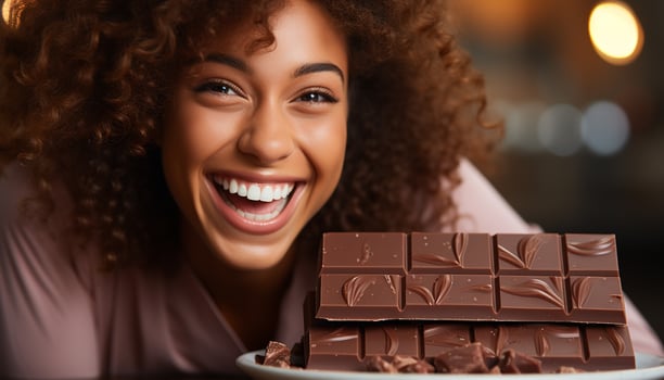 AI generated Smiling woman enjoying sweet chocolate, happiness in one portrait generated by AI photo