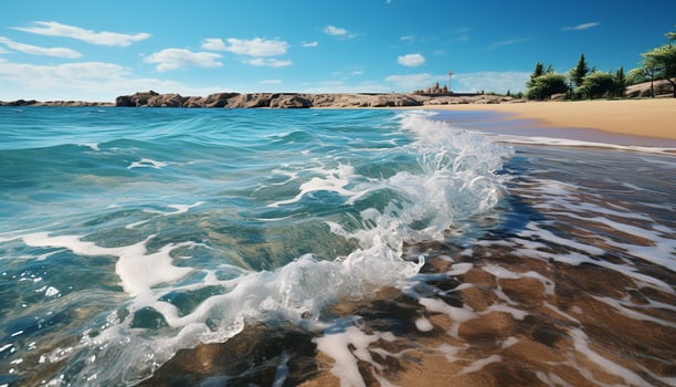 AI generated Blue wave splashing on sandy coastline, tranquil summer relaxation generated by AI photo