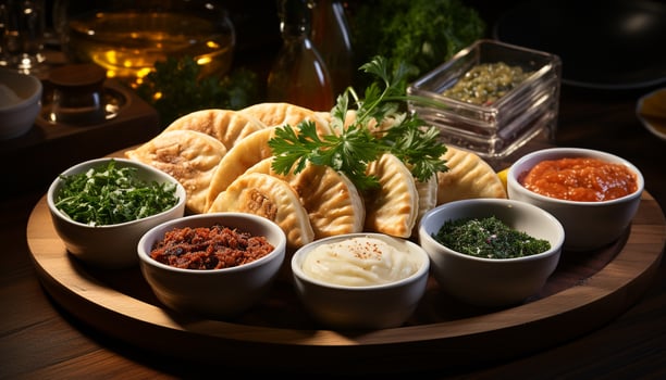 AI generated Grilled meat, fresh vegetables, and savory sauce on wooden plate generated by AI photo