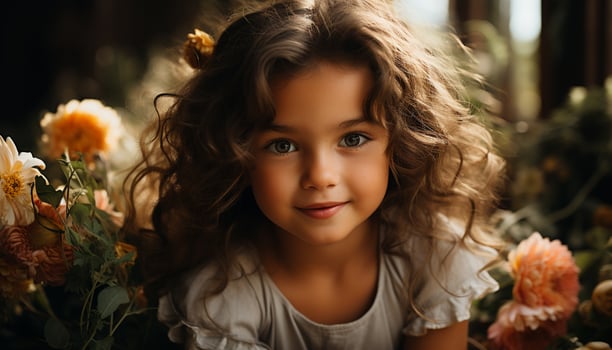 AI generated Smiling cute girl holding flower, enjoying nature beauty generated by AI photo