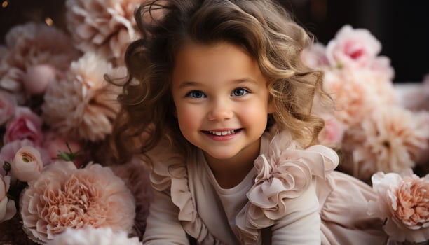 AI generated A cute, smiling girl holds a small flower bouquet indoors generated by AI photo