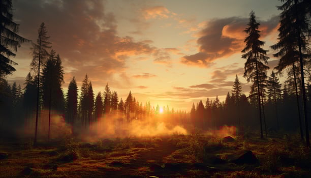 AI generated Sunset over burning forest, nature beauty turned destructive inferno generated by AI photo