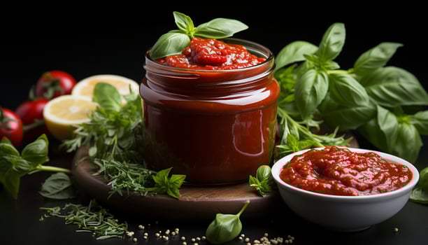 AI generated Fresh tomato sauce, homemade dip, savory pasta, healthy vegetarian meal generated by AI photo
