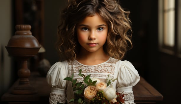 AI generated Cute Caucasian girl smiling, holding flower, looking at camera generated by AI photo