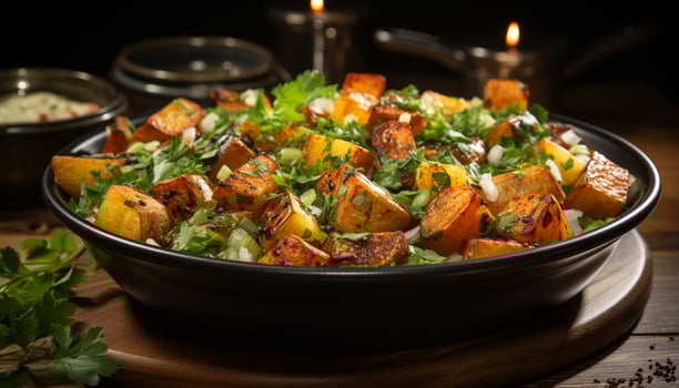 AI generated Healthy gourmet meal grilled meat, fresh salad, homemade bread generated by AI photo