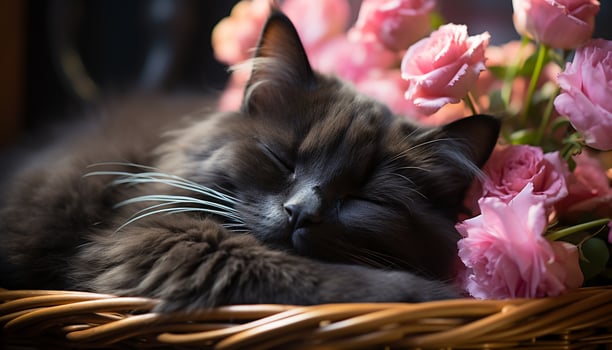 AI generated Cute kitten sleeping in a basket, surrounded by pink flowers generated by AI photo