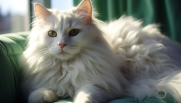 AI generated Cute domestic cat looking at camera, fluffy kitten resting outdoors generated by AI photo