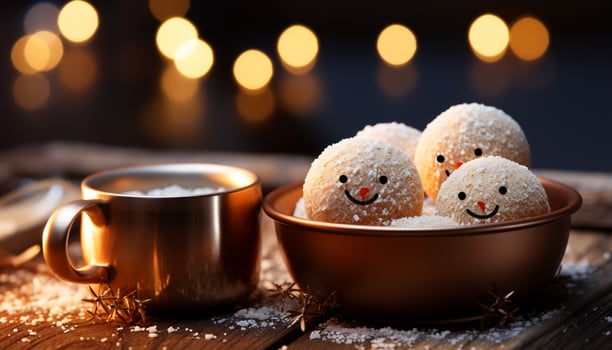 AI generated Table decorated with homemade chocolate cookies, glowing candle, and milk generated by AI photo