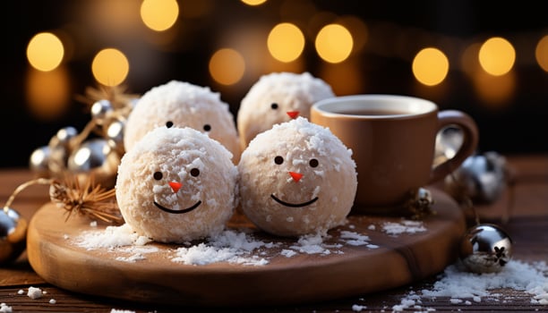 AI generated Smiling family enjoys homemade dessert on rustic wood table generated by AI photo