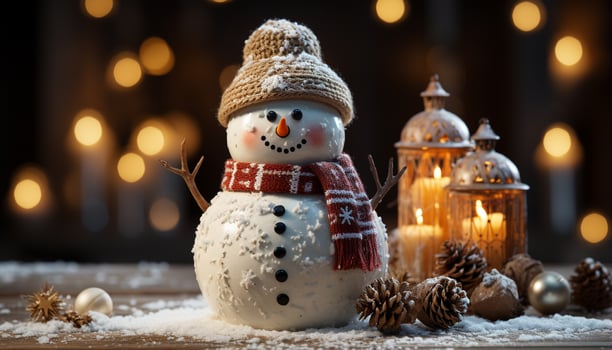 AI generated Snowman decoration brings winter celebration with glowing Christmas lights generated by AI photo
