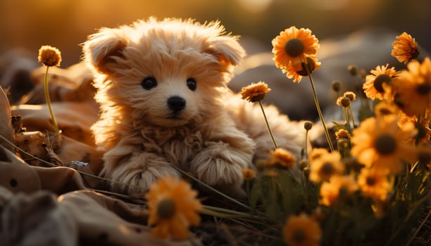 AI generated A cute puppy sitting in the grass, looking at the camera generated by AI photo