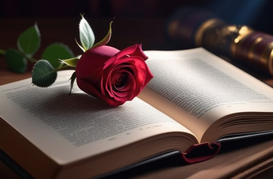 AI generated international Day of Poets and Writers, World Book and Copyright Day, magic book, old open book, red rose photo