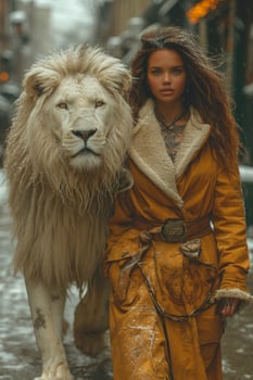 AI generated Beautiful fashionable young woman with a beautiful big lion photo