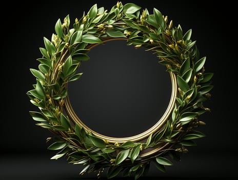 AI generated Christmas wreath with green leaves on black background photo