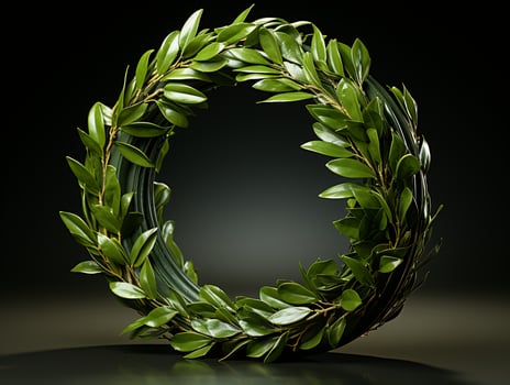 AI generated Nature wreath with green leaves and olives on black background photo