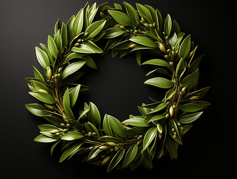 AI generated Nature wreath with green leaves and olives on black background photo