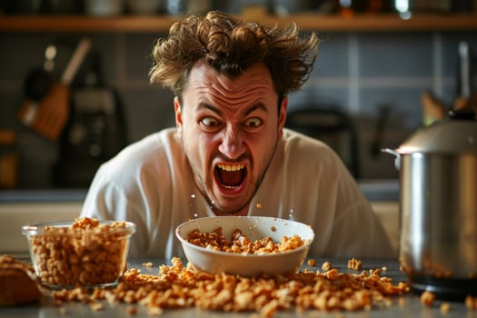 AI generated A screaming Emotional man and a pile of cornflakes in front of him photo