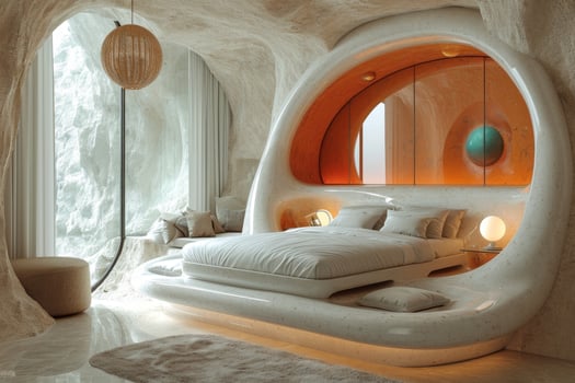 AI generated A futuristic bedroom in bright colors. 3d illustration photo