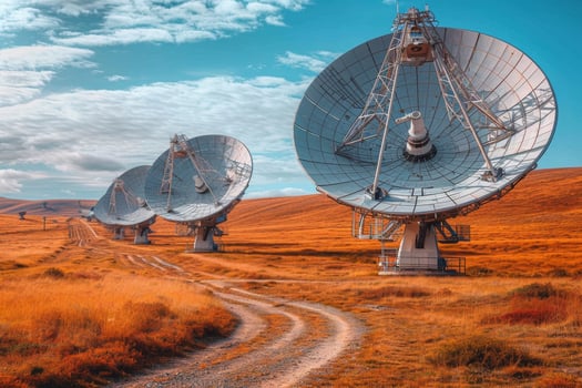 AI generated A field with large satellite antennas. The concept of communication with space photo