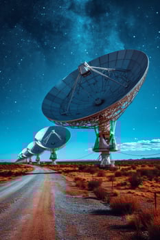 AI generated A field with large satellite antennas. The concept of communication with space photo