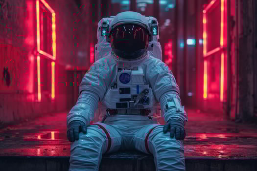 AI generated an astronaut in a white spacesuit and helmet, sitting on the floor in a red neon light photo