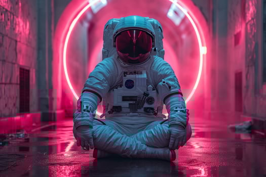 AI generated an astronaut in a white spacesuit and helmet, sitting on the floor in a red neon light photo