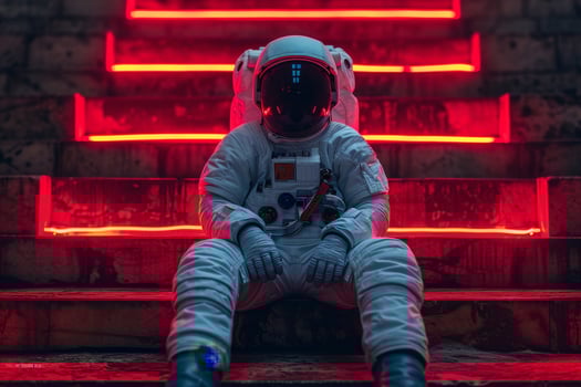 AI generated an astronaut in a white spacesuit and helmet, sitting on the floor in a red neon light photo