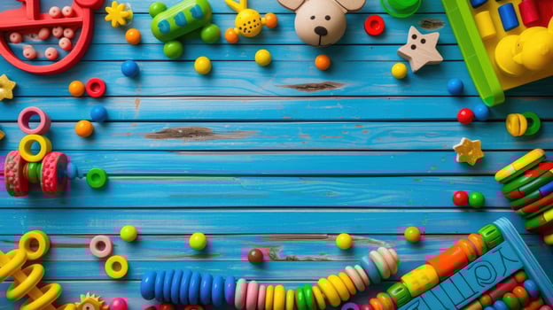 AI generated Adorable frame of baby and kids' toys set against a playful background, Ai Generated. photo