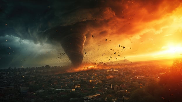 AI generated A massive tornado dominates the cityscape, a tempestuous storm swirling over the Earth, Ai Generated. photo