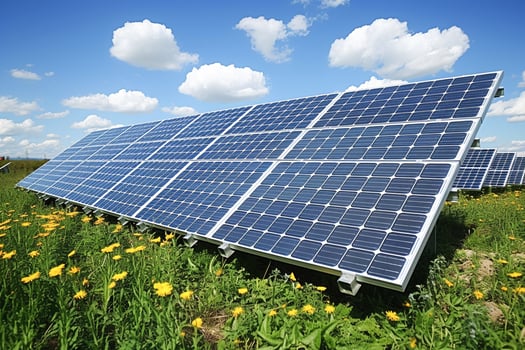 AI generated Large Solar Panels Array in a Green Rural Landscape Under a Clear Blue Sky photo