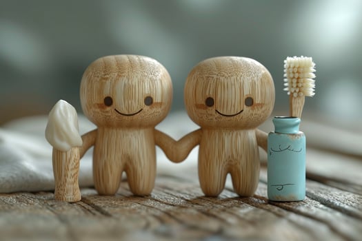 AI generated Funny cartoon smiling figures. A set of organic oral care products with emoticons . The concept of environmental hygiene photo