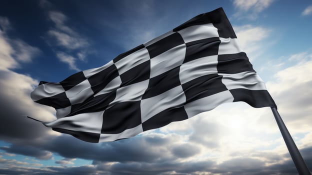 AI generated Race flag waving in the wind over asphalt road with cloudy sky background photo