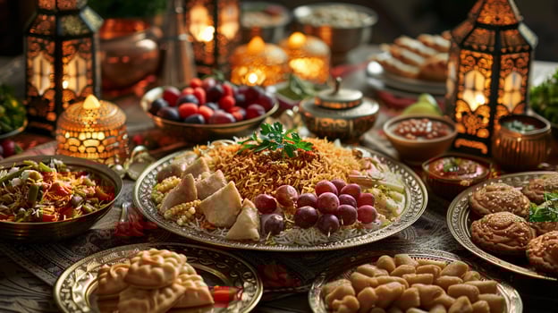 AI generated Lavishly set table with traditional Eid al-Fitr dishes. Biryani, Maamoul, sheer khurma. AI Generated photo